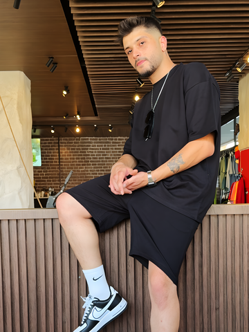 Siyah Basic Şort Takım - %100 Pamuk Oversize Kalıp