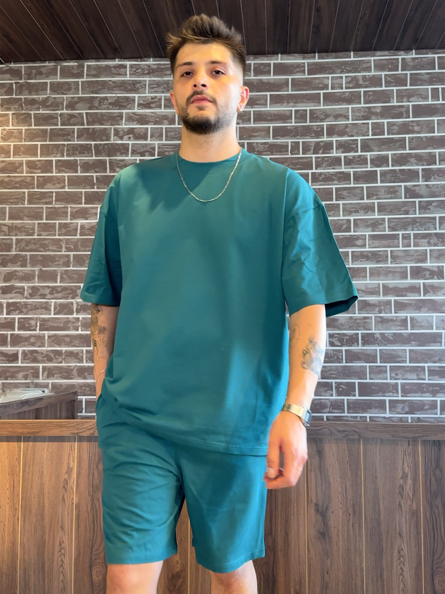 Yeşil Basic Şort Takım - %100 Pamuk Oversize Kalıp